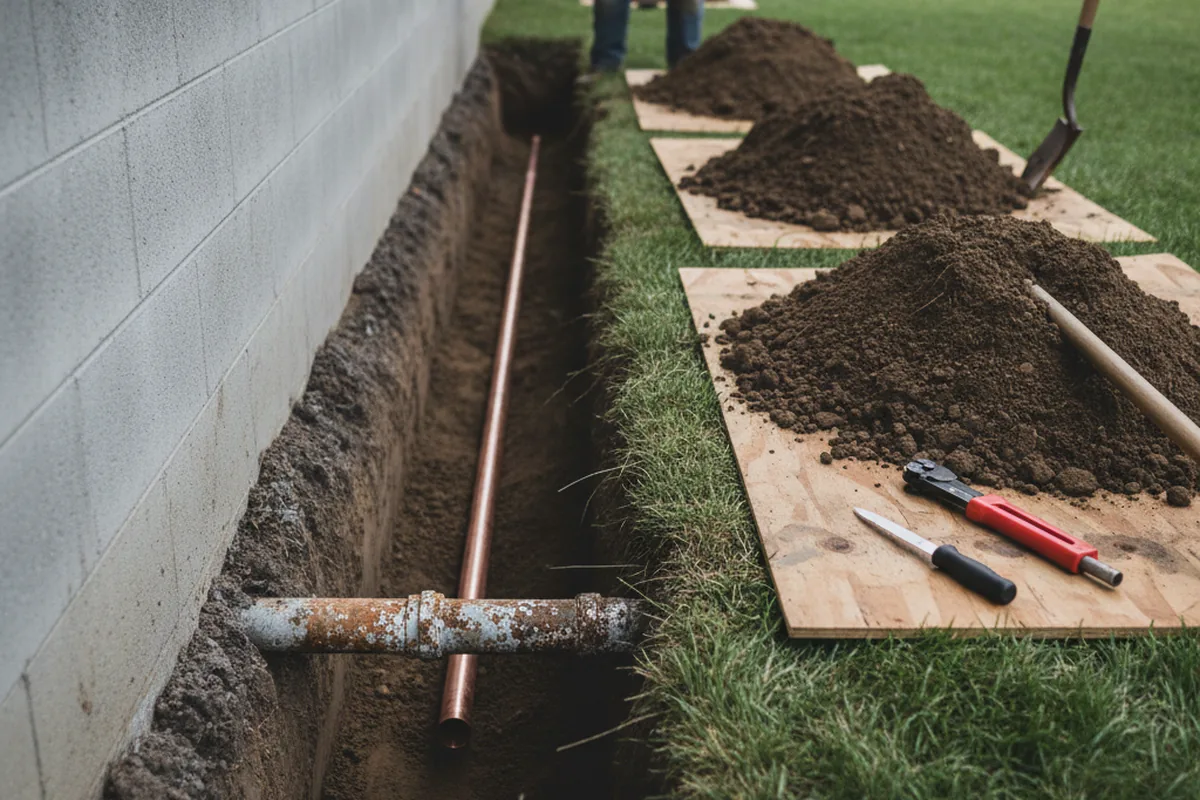 Excavated water line trench during Sewer Line Repair in Morgan Hill